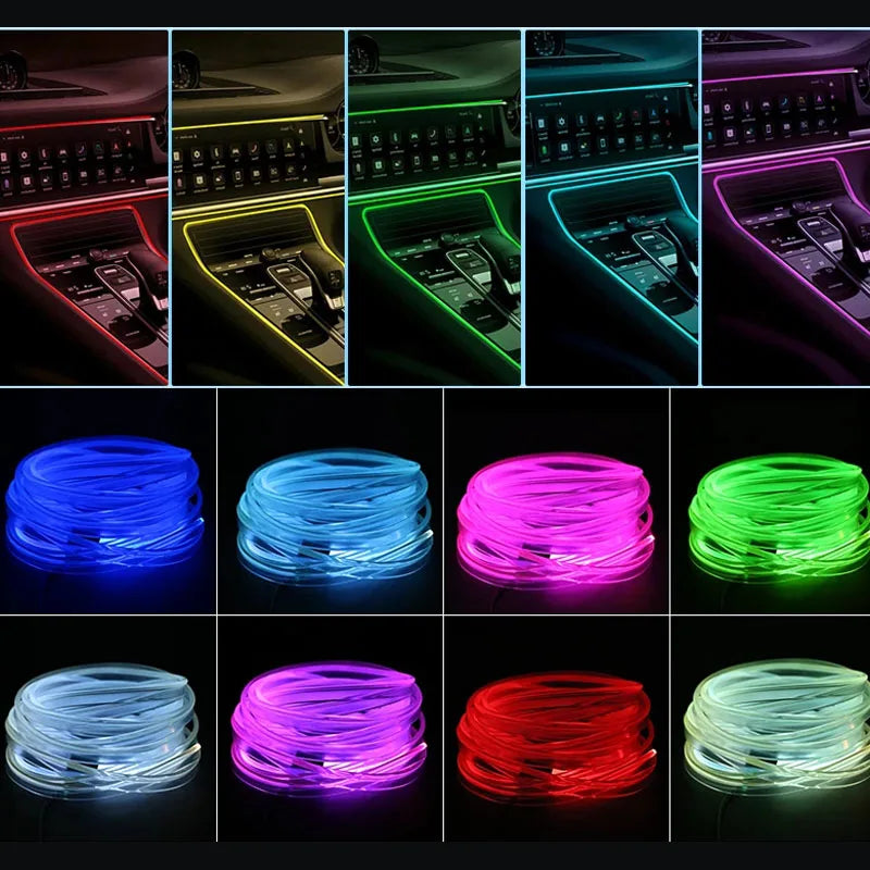 RGB Car Ambient Light Strip fibre optic cables coiled in eight different glowing colours
