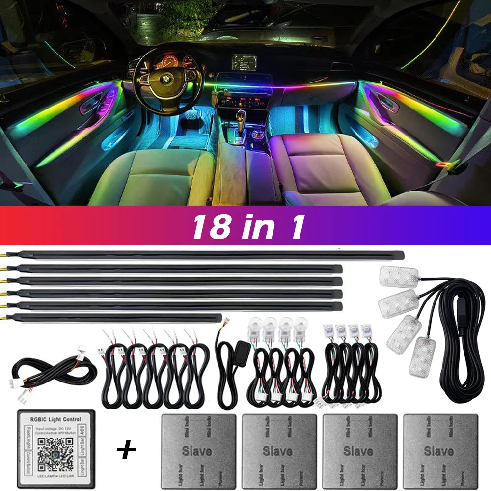 Dual-Zone Ambient Light Kit 18 in 1 set lighting a car interior with all LED strips, lamps and controllers shown
