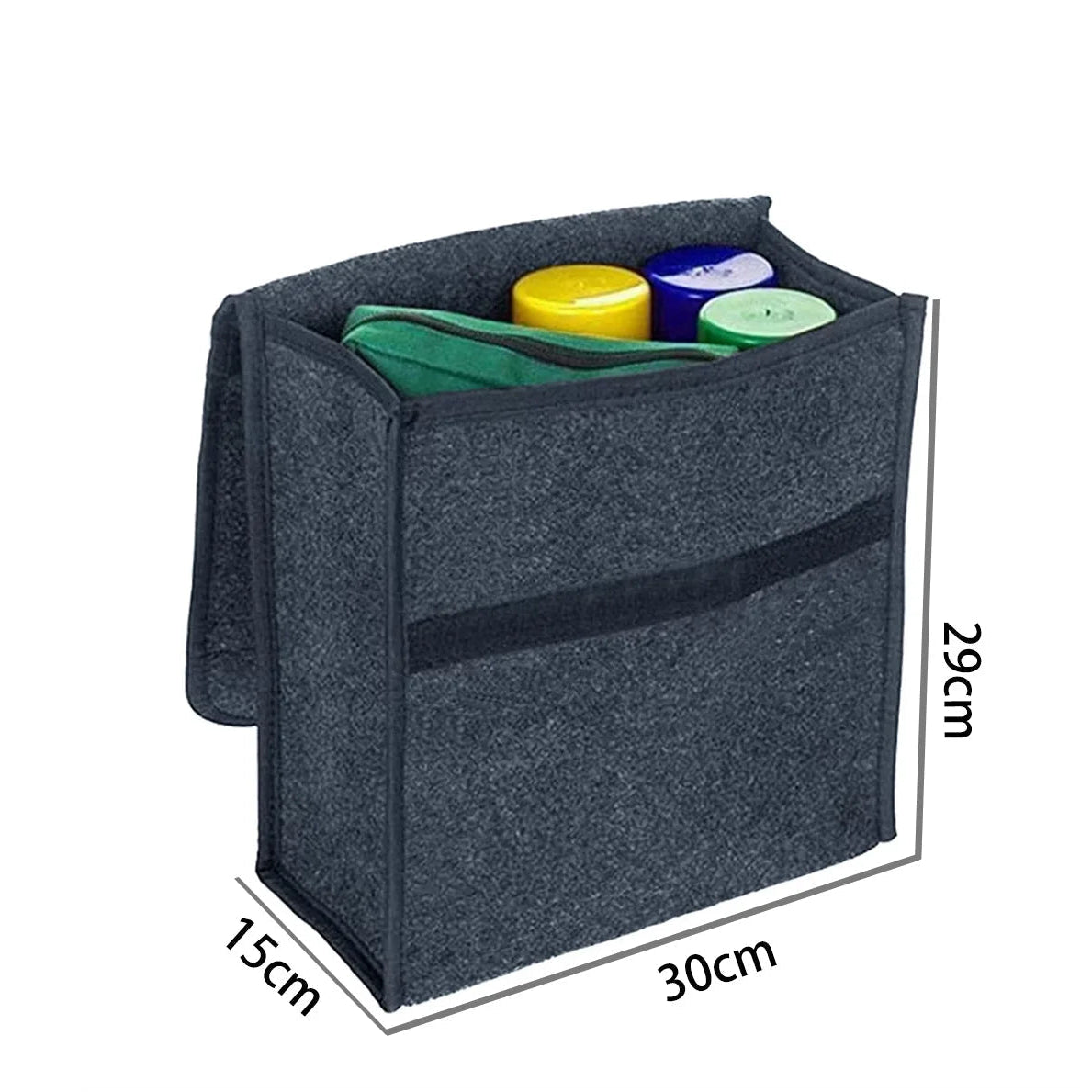 Compact dark grey felt storage box measuring 29 by 30 by 15 centimetres, shown open with stored bottles and a zip pouch inside.