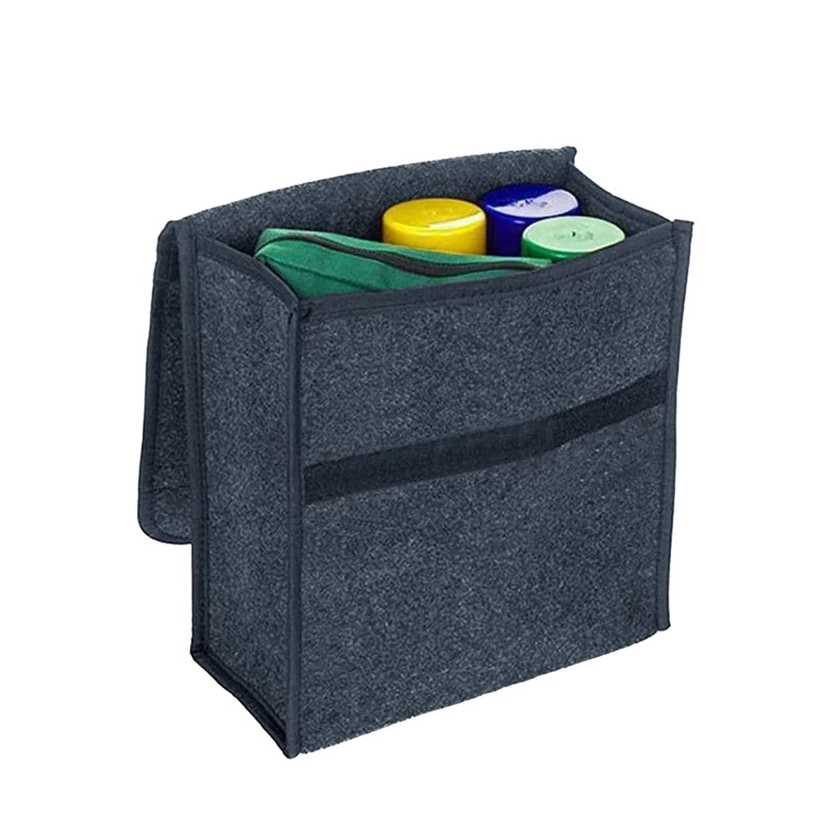 Small dark grey felt car storage box on a white background.