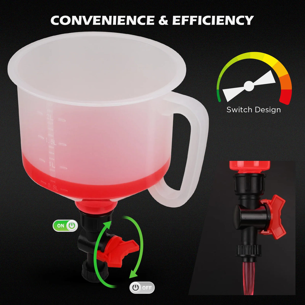 Coolant funnel with on/off shut-off valve switch for controlled, spill-free coolant filling