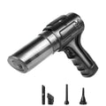 Black Cordless Car Vacuum & Blower handheld unit with four nozzle attachments on a white background