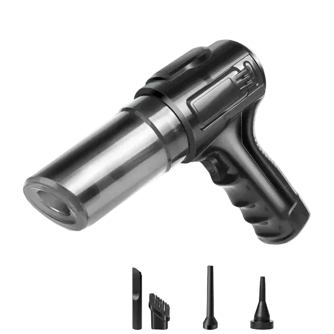 Black Cordless Car Vacuum & Blower handheld unit with four nozzle attachments on a white background