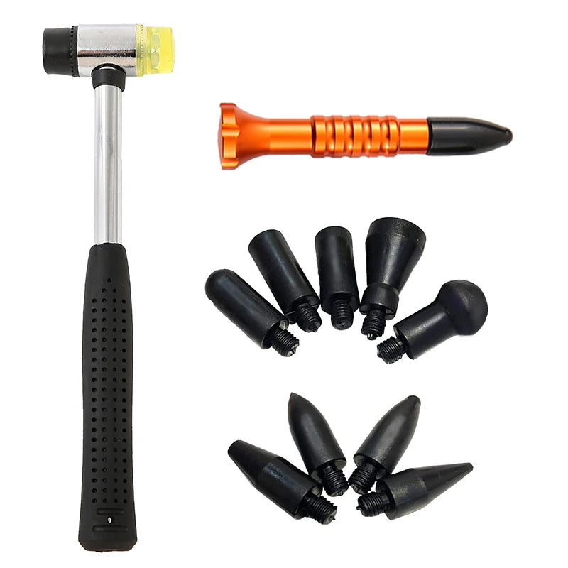 Slide hammer with interchangeable dent removal tips and orange-handled tapping tool from the Paintless Dent Repair Kit
