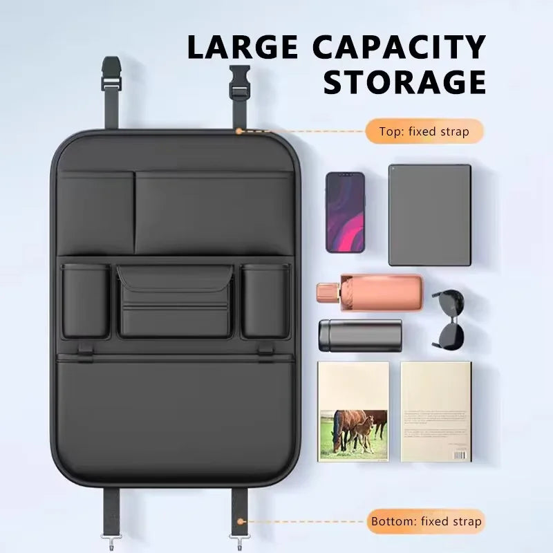 Car backseat organiser large capacity storage flatlay with phone, tablet, drink bottle, sunglasses and books