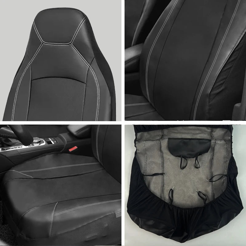 Leather Bucket Seat Covers detail collage showing headrest stitching, backrest seam and anchor straps