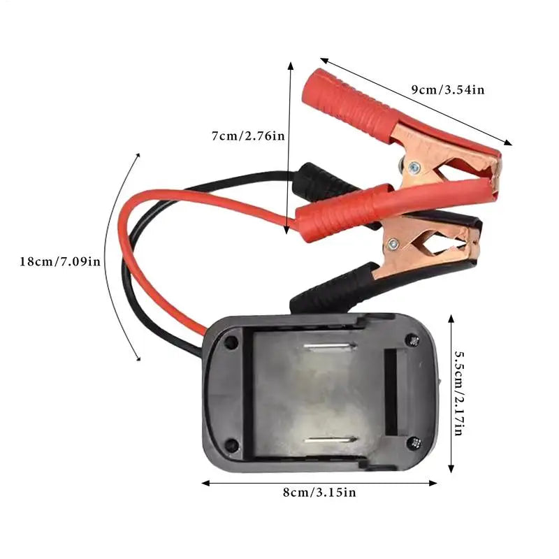 Tool Battery Jump Starter Adapter dimensions: 8 x 5.5 cm base, 18 cm cables and 9 cm battery clamps