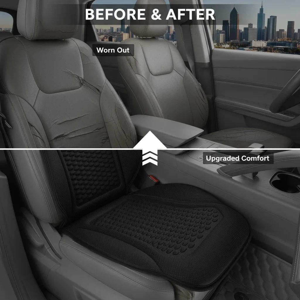 Before and after comparison of a worn, cracked leather car seat next to one upgraded with the Ice-Silk Seat Cushion