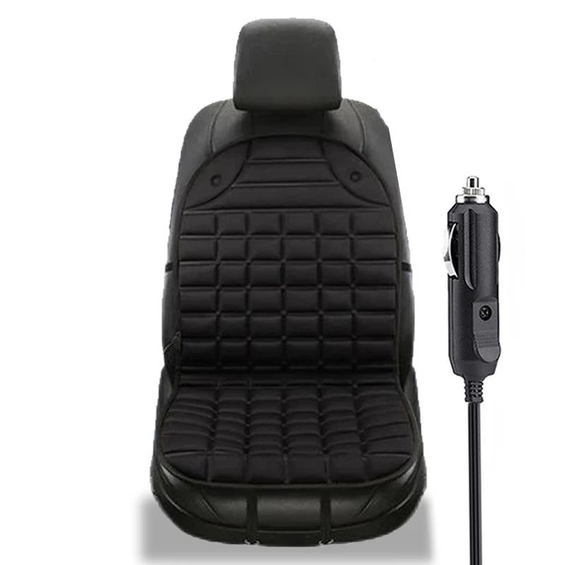 12V Heated Car Seat Cushion in black with flocking cloth cover and 12V cigarette lighter plug, on a white background
