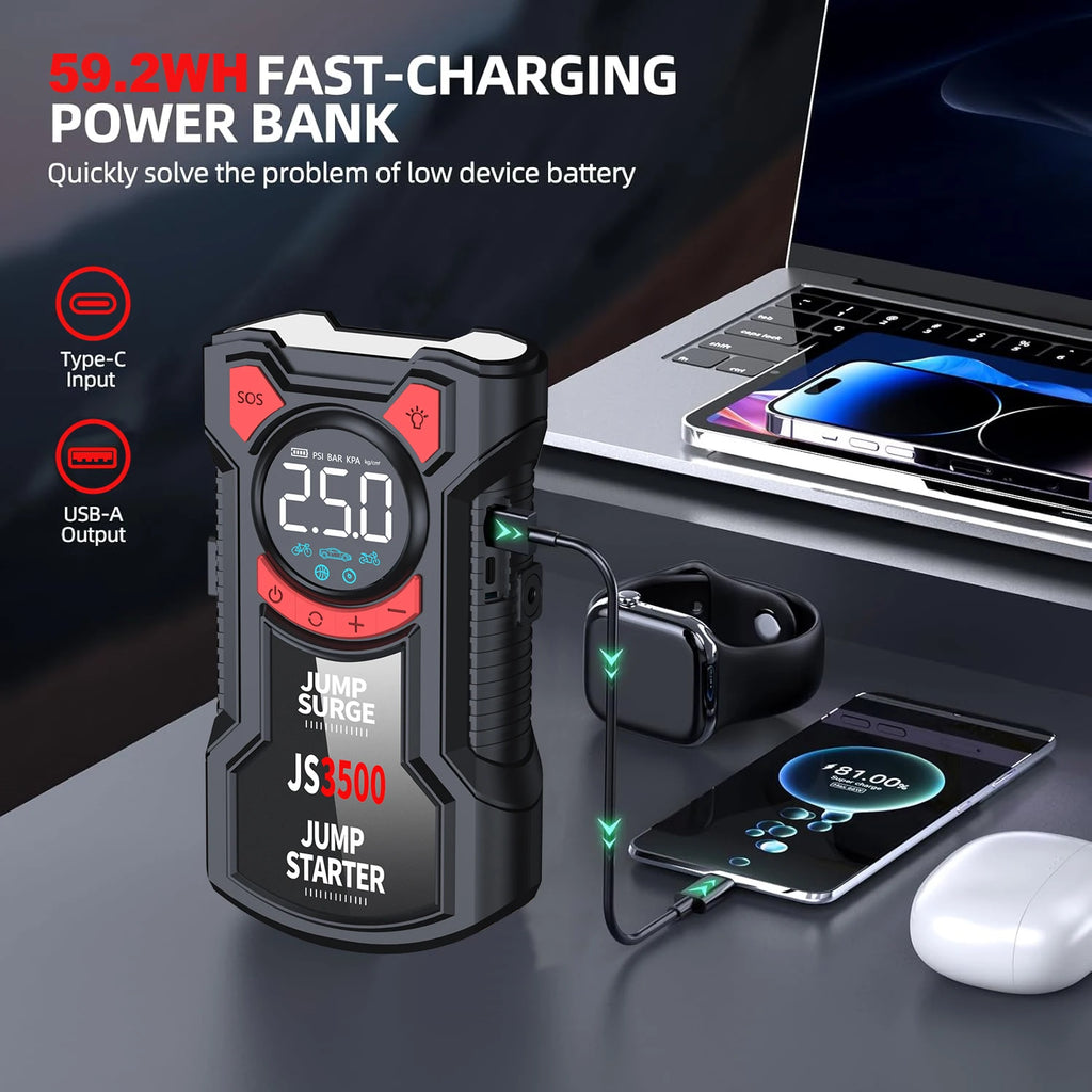 Pro Jump Starter Compressor used as a power bank to charge a smartphone on a desk via USB