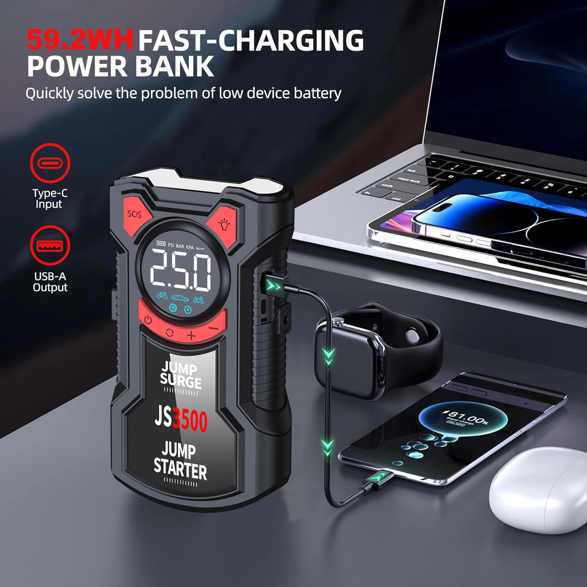 Pro Jump Starter Compressor used as a power bank to charge a smartphone on a desk via USB
