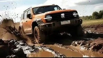 Promotional graphic for tire chains with vehicles in various terrains and text 'Gear Up for Adventure'.