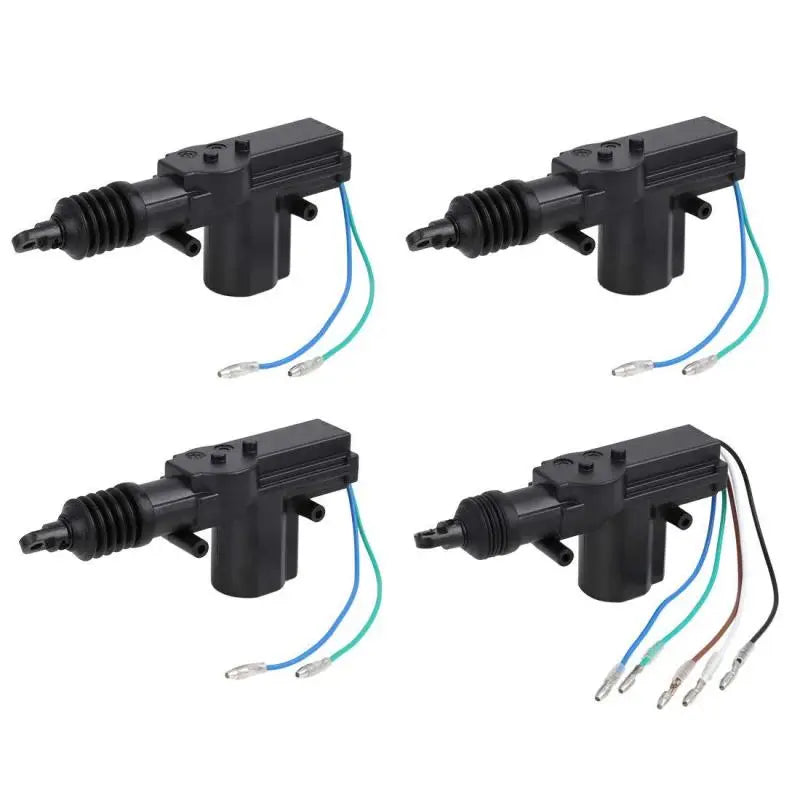 Close-up of four universal door lock actuators included in the Keyless Entry Kit showing two-wire and five-wire connectors