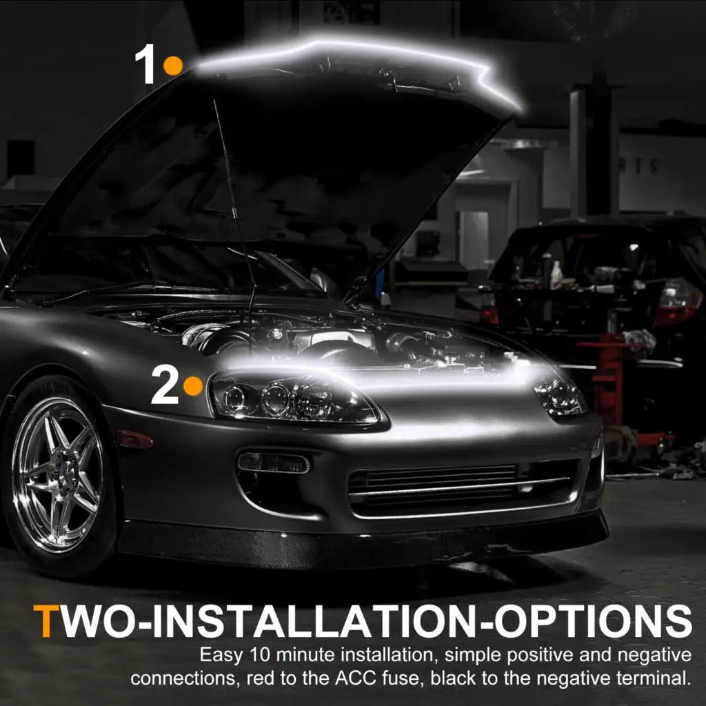 Diagram showing the two installation options for the dynamic hood LED light strip, connecting to the ACC fuse or directly to the battery terminals.