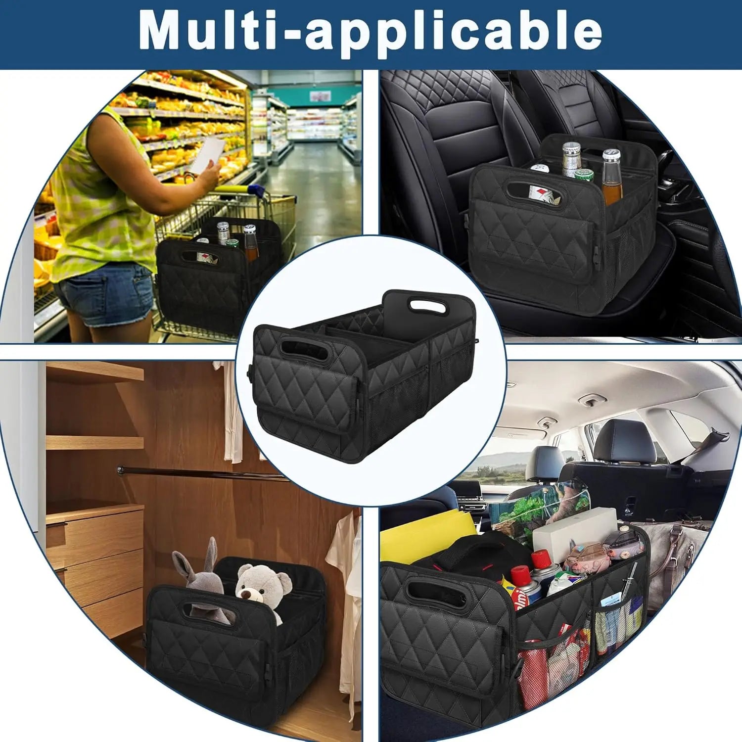 Multi-applicable Waterproof Car Boot Organiser used for grocery shopping, front car seat storage, wardrobe organisation and car boot storage