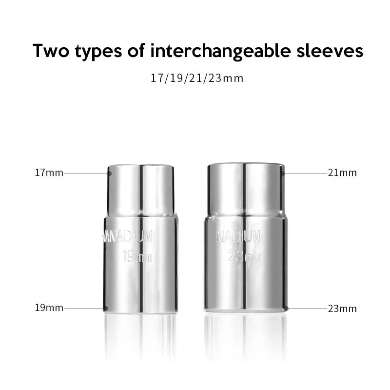 Two chrome sockets labelled 17mm, 19mm, 21mm and 23mm for use with the telescopic lug wrench