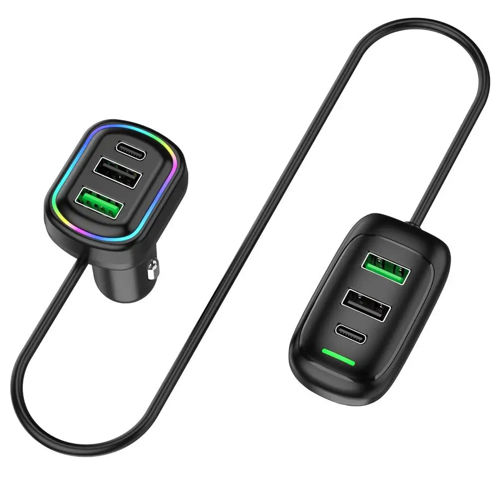 Dual-zone RGB car charger with a front cigarette lighter unit and rear extension USB hub on a white background