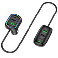 Dual-zone RGB car charger with a front cigarette lighter unit and rear extension USB hub on a white background