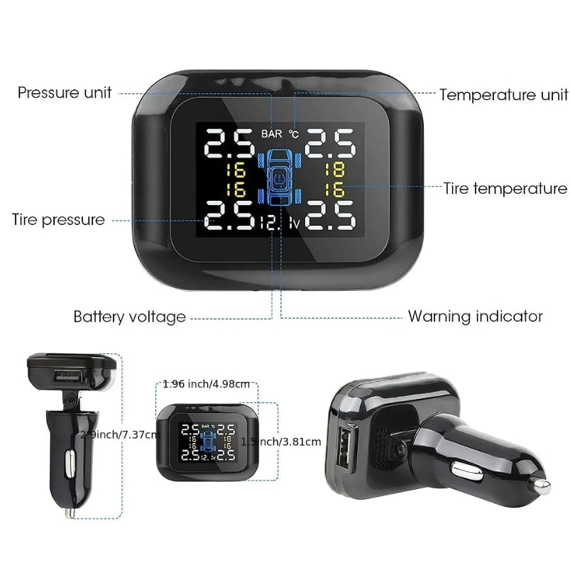 Plug-In Tyre Pressure Monitor display diagram labelling tyre pressure, temperature, battery voltage and warning indicator, with 4.98 cm by 3.81 cm dimensions