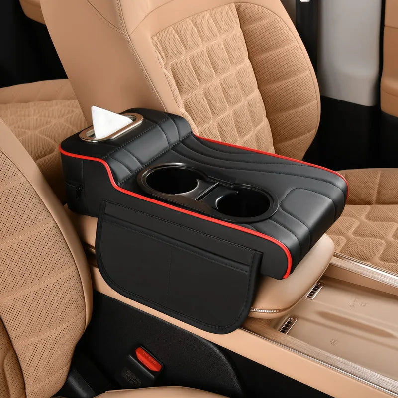 Multi-Function Car Armrest Organiser in red leather fitted to a car centre console, alternate angle