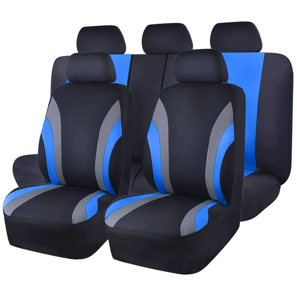 Black and blue car seat covers with gray accents on a white background