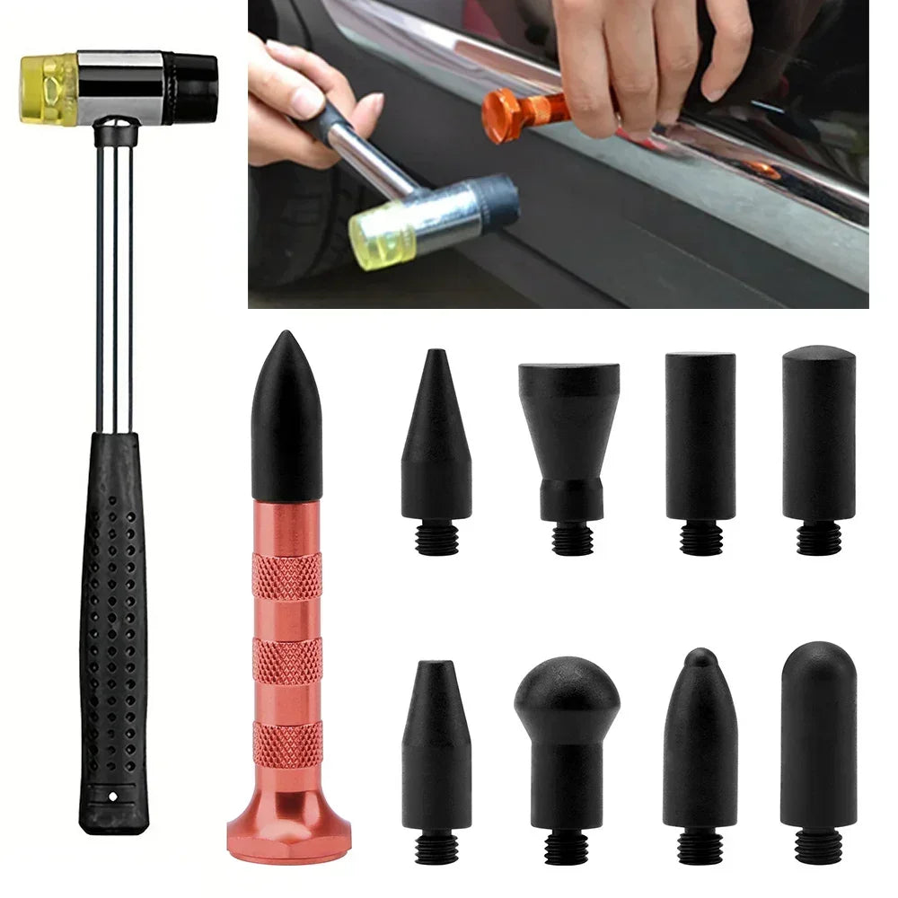 Car Dent Repair Kit tap-down hammer with interchangeable rubber tips and a technician levelling paint on a car body panel