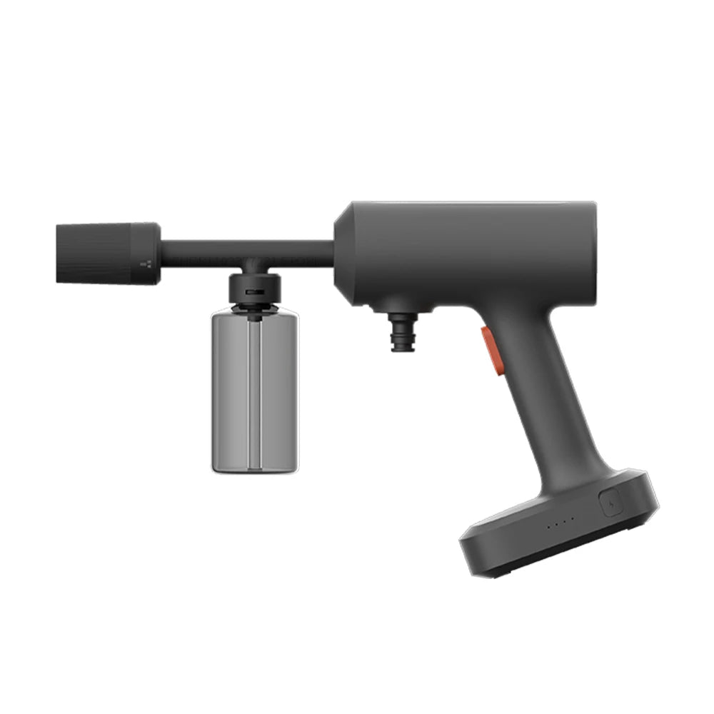 Grey Cordless Car Pressure Washer gun with foam bottle and hose connector on white background