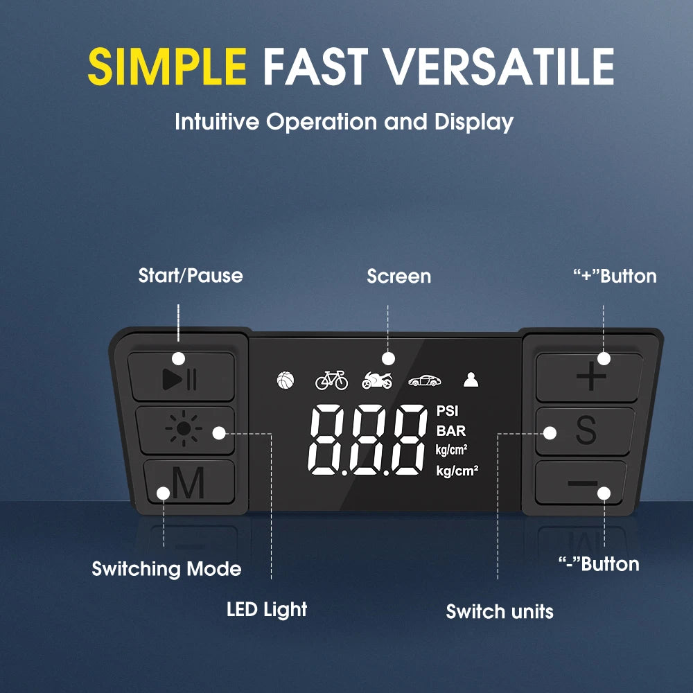 Close-up of Dual Cylinder Tyre Inflator digital control panel with PSI, BAR and kg/cm2 display