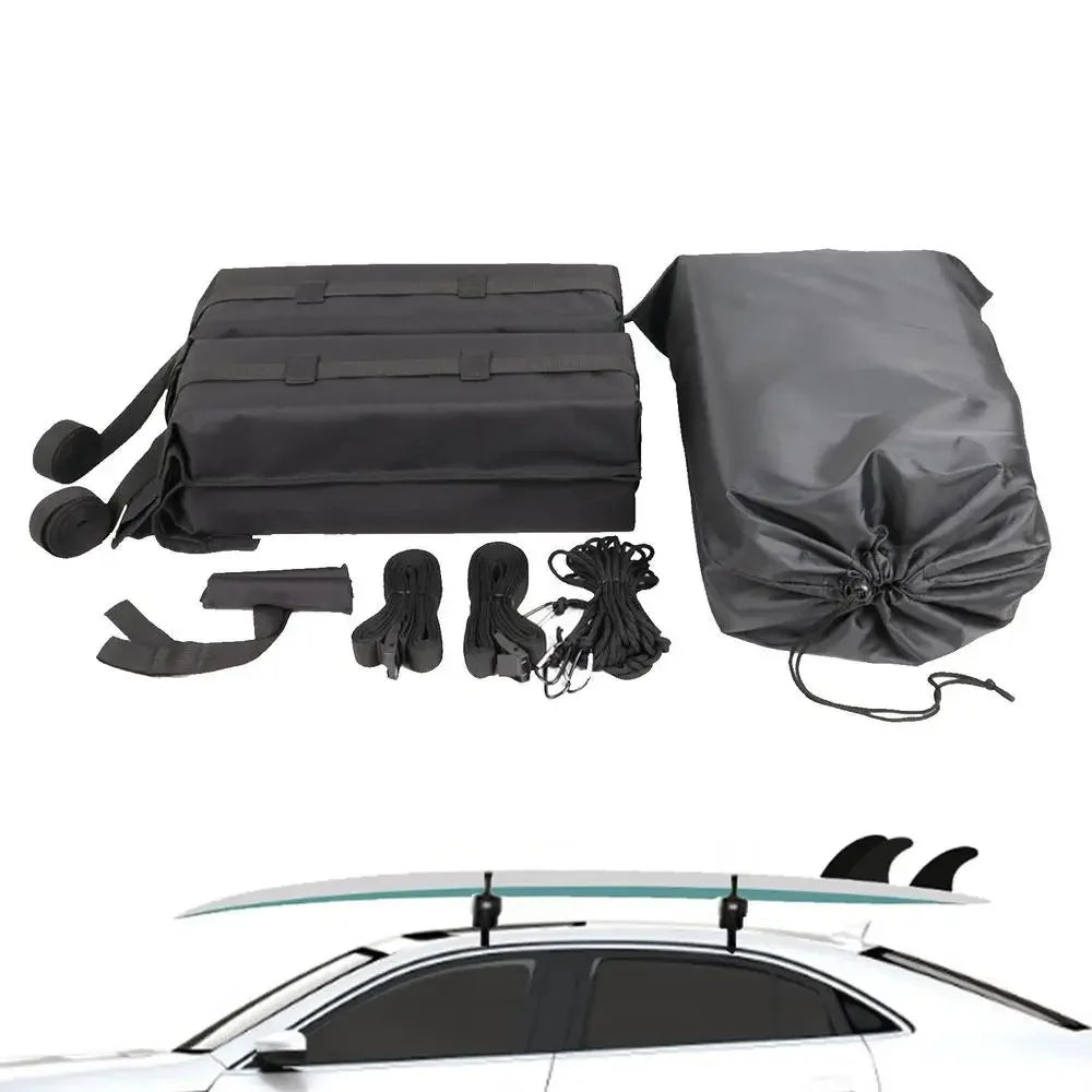 Foldable Roof Rack soft roof rack pads with straps and carry bag, with a surfboard mounted on a car roof