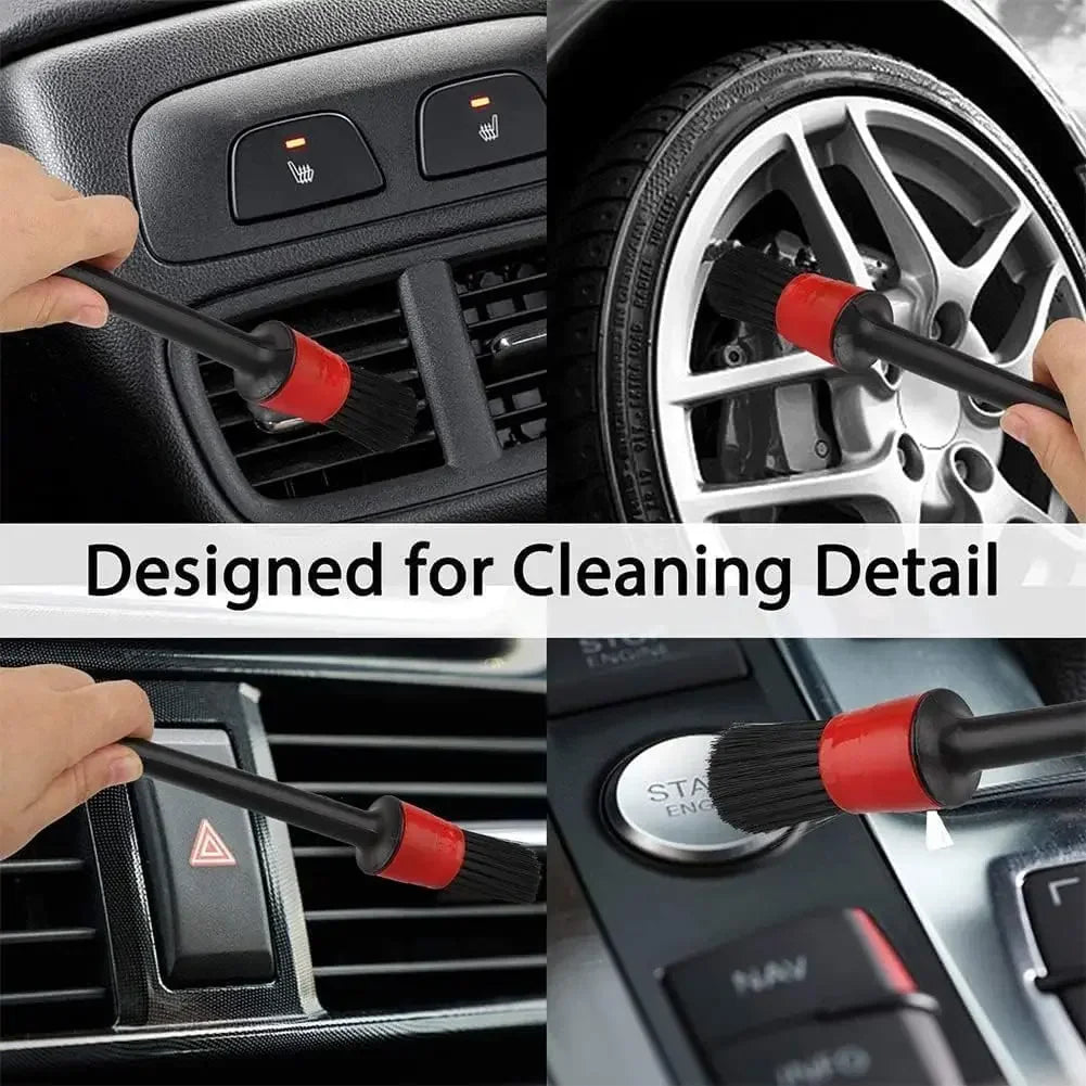 Detailing brush from the 10-Piece Car Detailing Kit cleaning car air vents, alloy wheel, dashboard buttons and start button