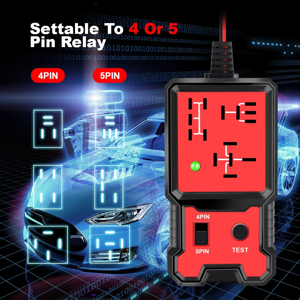 Automotive Relay Tester red LED indicator illuminated under the bonnet showing the tester is ready to begin testing