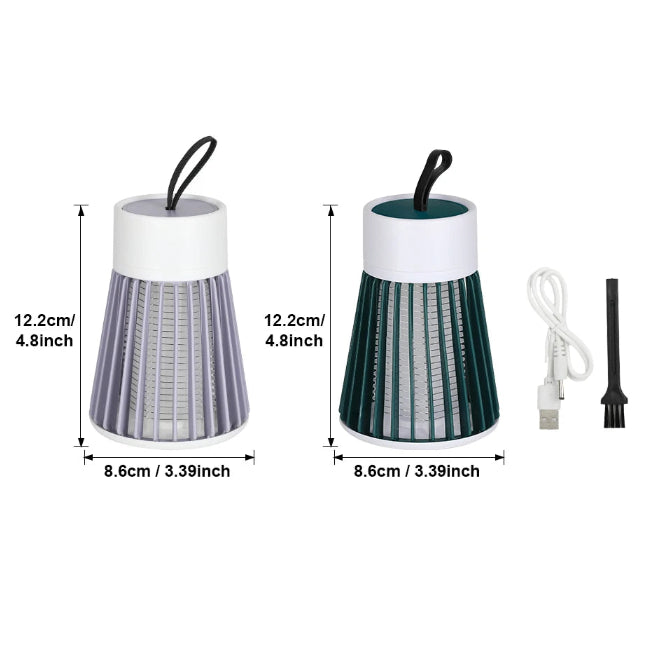 Size chart comparing grey and dark green Cordless Insect Zapper units at 12.2cm tall and 8.6cm wide with USB cable and brush