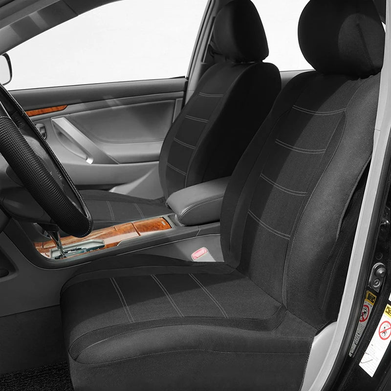 Universal Car Seat Covers in black and grey installed on the front seats of a car interior