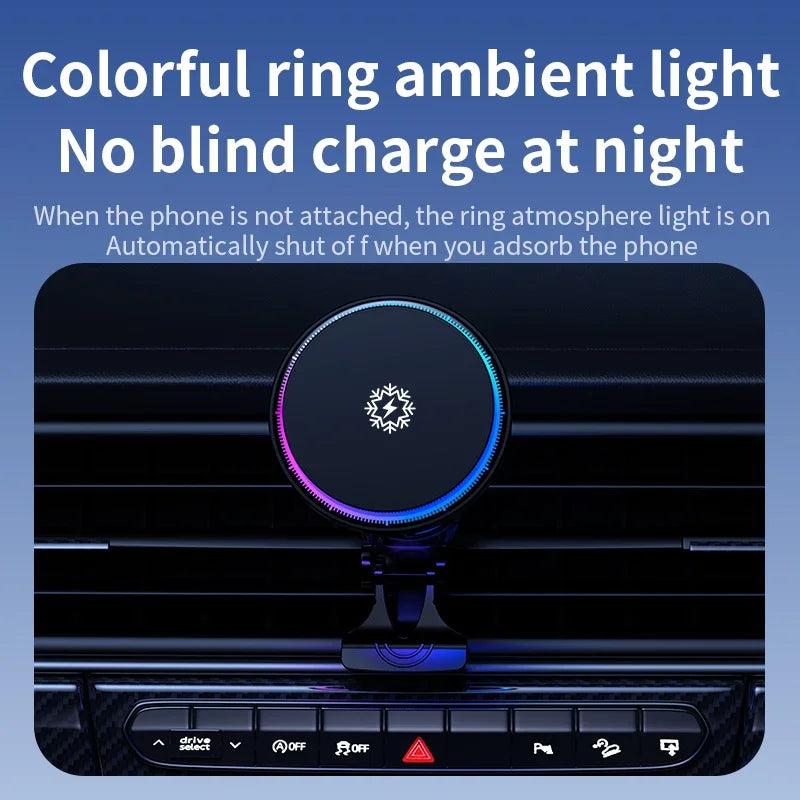 Magnetic Wireless Car Charger mounted on a car air vent at night, showing the coloured ambient ring light glowing.
