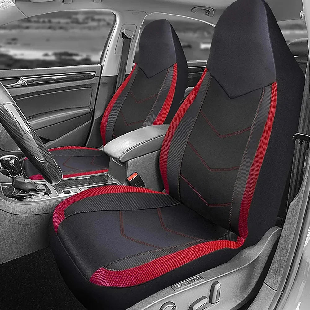 Black and red Sport Mesh Car Seat Covers fitted in a vehicle interior