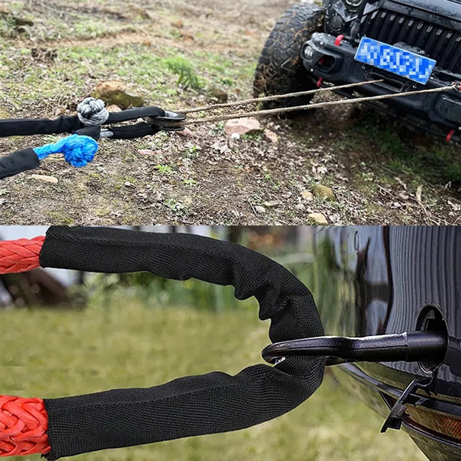Soft shackle recovery rope towing a 4WD off-road and close-up of the shackle looped onto a vehicle tow hook