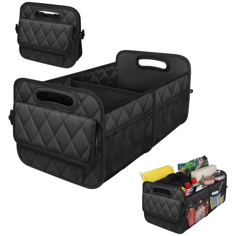 Waterproof Car Boot Organiser shown folded, open and loaded with shopping bags inside a car boot