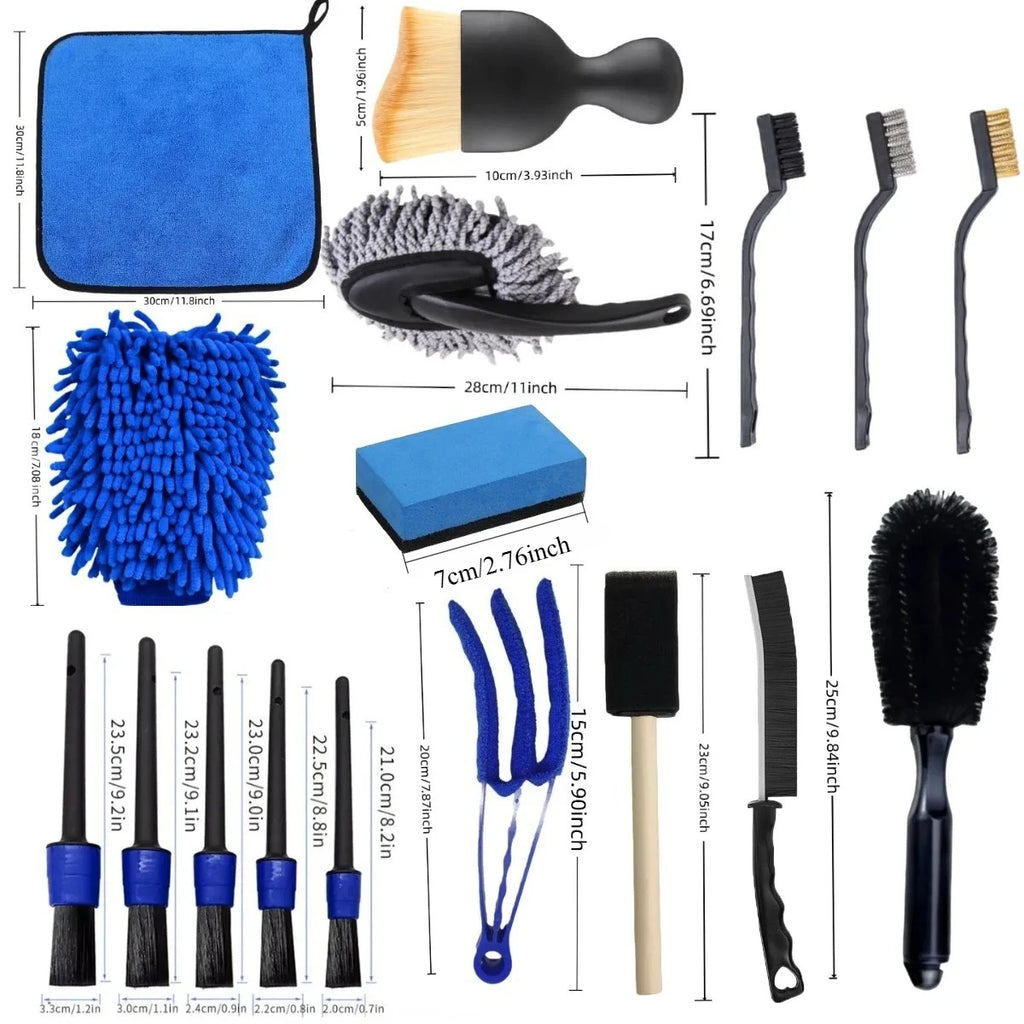20-Piece Car Detailing Kit contents laid out with sizes, including towel, wash mitt, brushes, duster and applicator pad