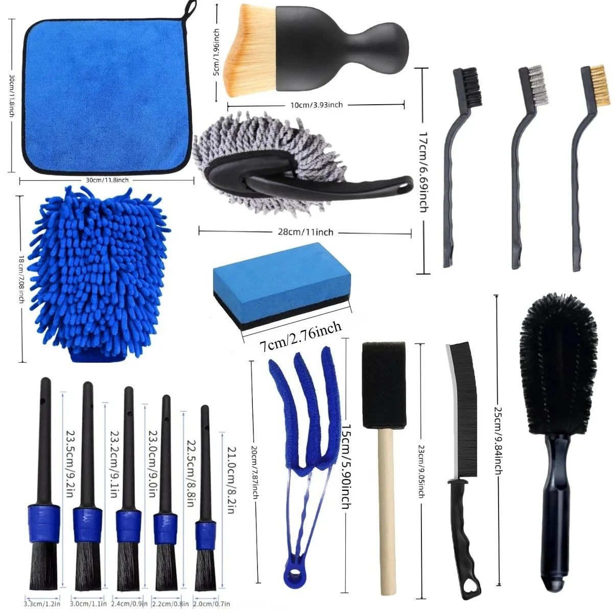 20-Piece Car Detailing Kit contents laid out with sizes, including towel, wash mitt, brushes, duster and applicator pad