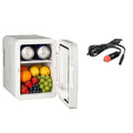 Portable 4L Mini Fridge in white with drinks and fruit inside, shown with its 12V car accessory socket power cord
