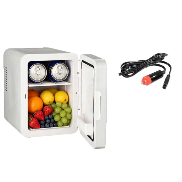 Portable 4L Mini Fridge in white with drinks and fruit inside, shown with its 12V car accessory socket power cord