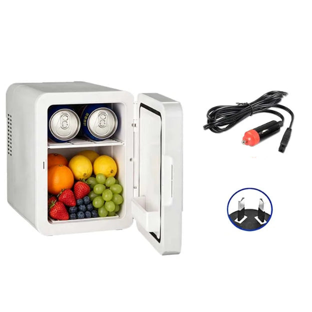 Portable 4L Mini Fridge in white with drinks and fruit inside, shown with 12V car power cord and AC wall plug