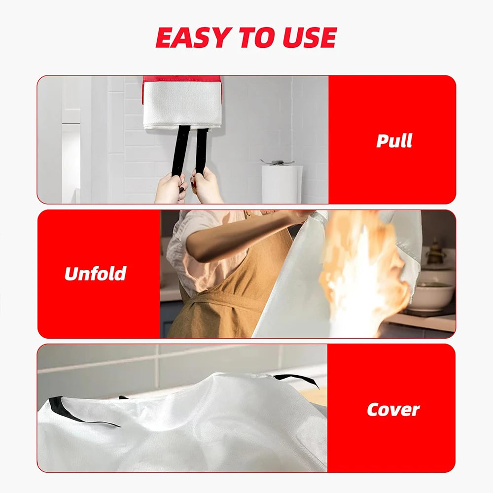 Three-step Emergency Fire Blanket usage guide showing how to pull, unfold and cover a kitchen stove fire
