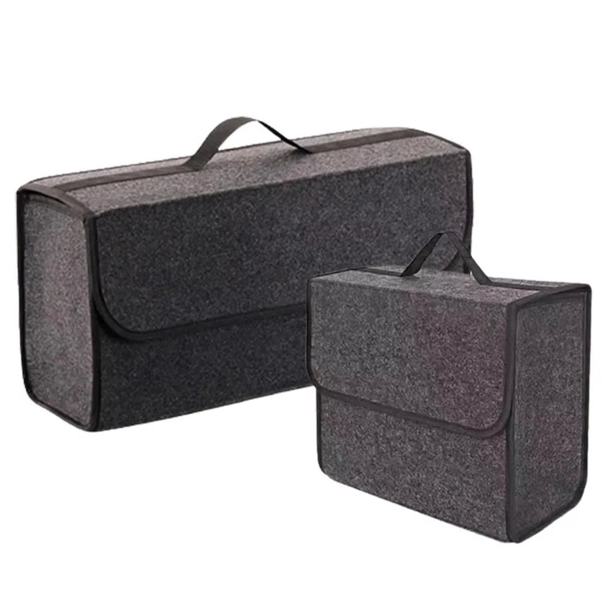 Two dark grey felt storage boxes shown side by side in large and small sizes, both featuring a fold-over flap and carry handle.