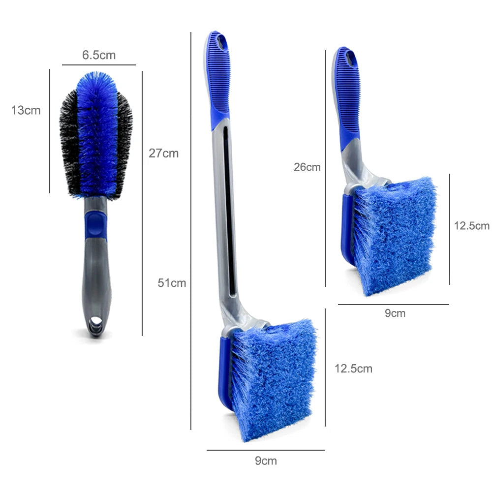 Dimension diagram of the 3-piece detailing brush kit showing the spoke brush and two scrub brushes with size measurements