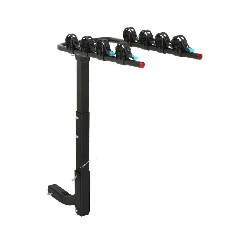Foldable 4-Bike Hitch Rack in black steel with four bike cradles and a hitch receiver stem on a white background