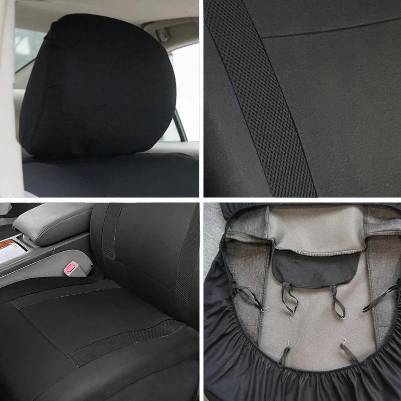 Four-panel close-up collage of Breathable Mesh Seat Cover showing headrest, seatbelt strap mesh trim, console fit and underside elastic straps