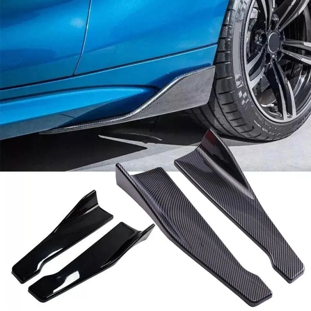 Carbon fibre side skirt splitter fitted along the rocker panel of a blue car for a lowered look, with the gloss black and carbon fibre splitter pairs shown below on a white background
