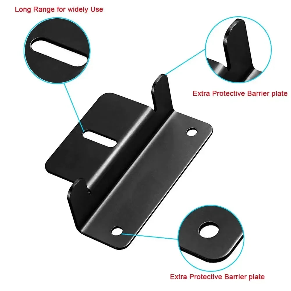 Black aluminium solar panel Z-bracket showing slotted adjustment hole and mounting holes