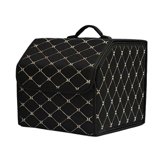 Heavy-Duty Leather Car Boot Organiser in black with gold diamond stitching, alternate angle on a white background